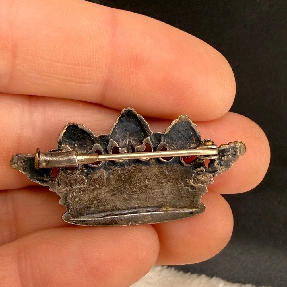 Vintage Crown Brooch Pin Sterling Silver Tone Ornate Royal Tiara Design READ